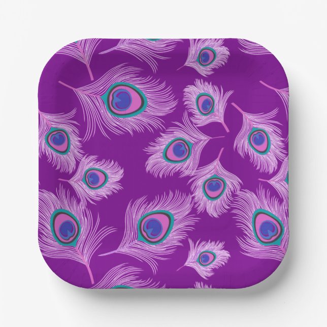 Orchid Peacock Feathers on Amethyst Purple Paper Plates (Front)