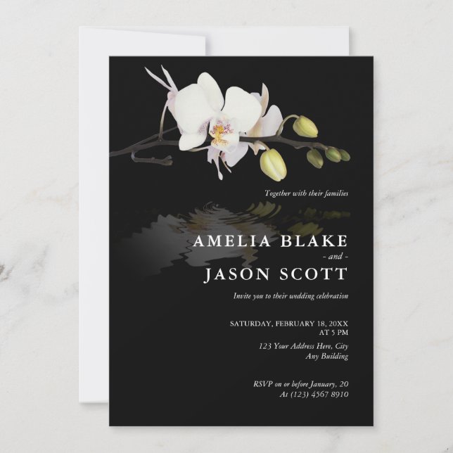 Orchid Photo on Black Wedding Invitation (Front)