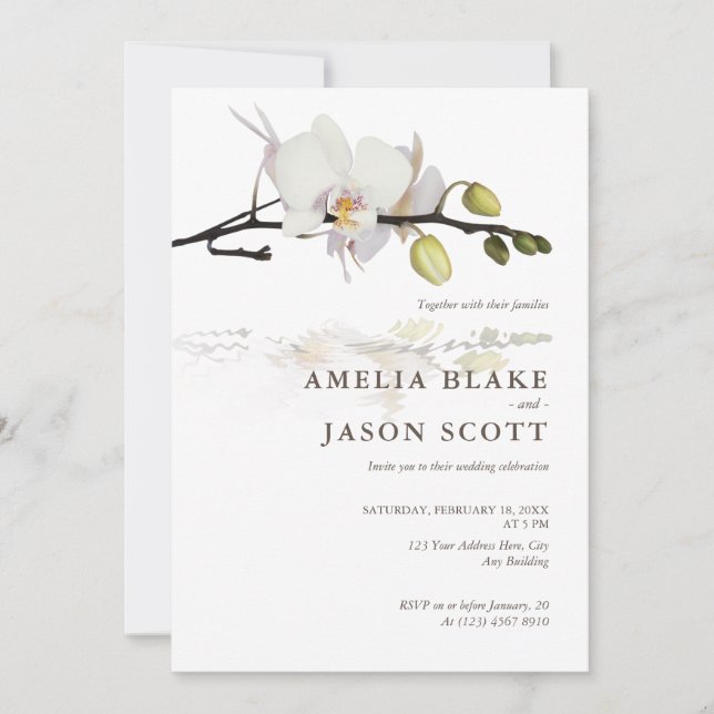 Orchid Photo on White Wedding Invitation (Front)