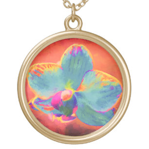 Orchid pink blue purple painting floral flower gold plated necklace