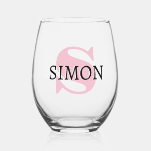 Orchid Pink Initial and Black Name Modern Stemless Wine Glass