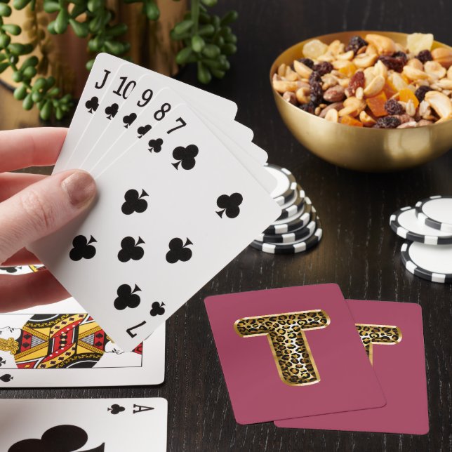 Orchid Pink Leopard Print Letter T Poker Cards (In Situ)