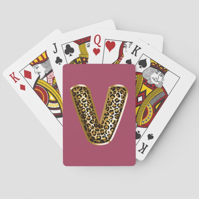 Orchid Pink Leopard Print Letter V Poker Cards (Back)