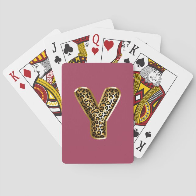 Orchid Pink Leopard Print Letter Y Poker Cards (Back)