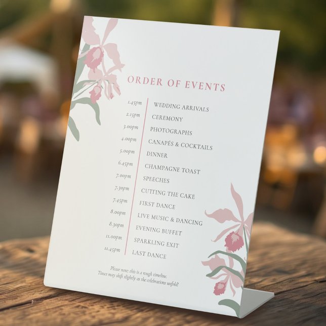 Orchid pink sage green wedding order of event pedestal sign (Creator Uploaded)