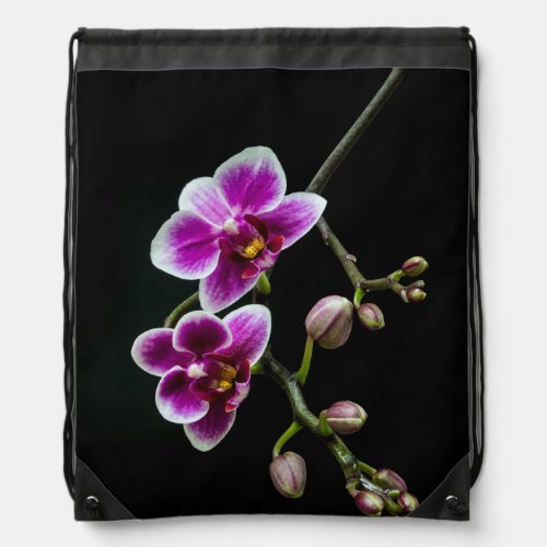 Orchid pink white color on black pale gentle  drawstring bag