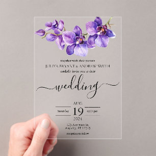 Orchid purple and white Script wedding Acrylic Invitations