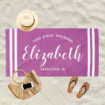 Orchid Purple Girls Weekend Personalized Name Beach Towel<br><div class="desc">Personalized beach towel design for a girls' weekend vacation getaway features a custom first name in modern script writing framed by coastal stripes,  with custom text for the occasion. The radiant orchid purple background color can be modified. Please visit our shop for other color options.</div>