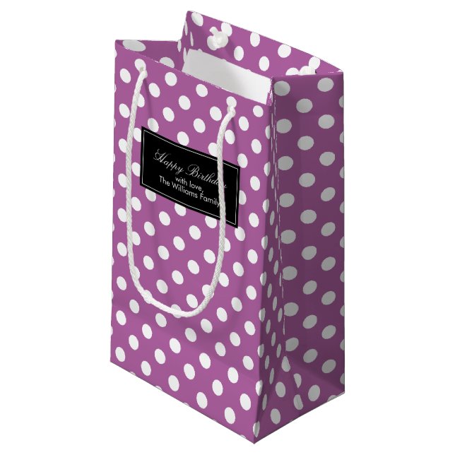 Orchid Purple Polka Dots Personalized Small Gift Bag (Front Angled)