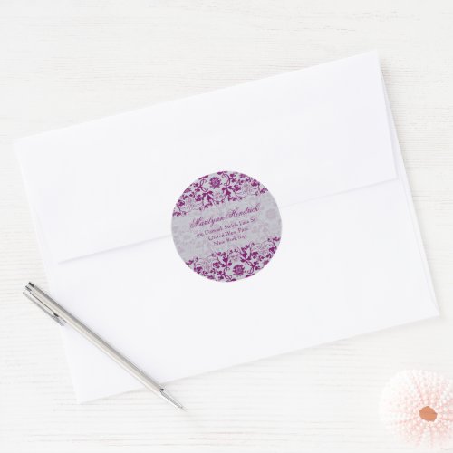 Orchid Purple Vintage Damask Lace Return Address Classic Round Sticker