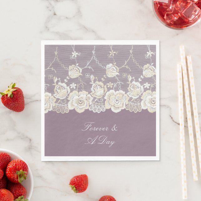 Orchid Purple White Lace Floral Wedding Napkins (Insitu)