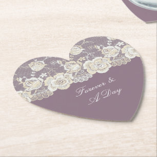 Orchid Purple White Lace Floral Wedding Paper Coaster