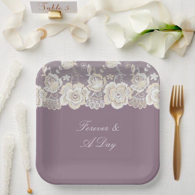 Orchid Purple White Lace Floral Wedding Paper Plates (Wedding)