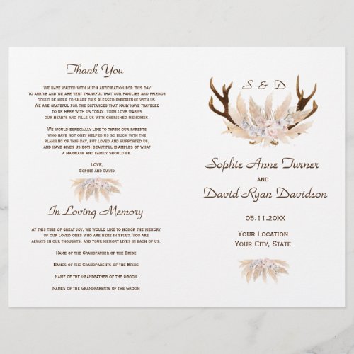 Orchid Roses Pampas Grass Antlers Wedding Program Flyer