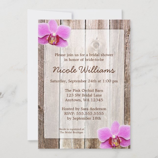 Orchid Rustic Barn Wood Bridal Shower Invitation (Front)