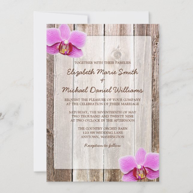 Orchid Rustic Barn Wood Wedding Invitations (Front)