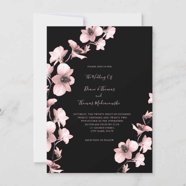 Orchid Sangria Tint on Black Wedding Invitation (Front)