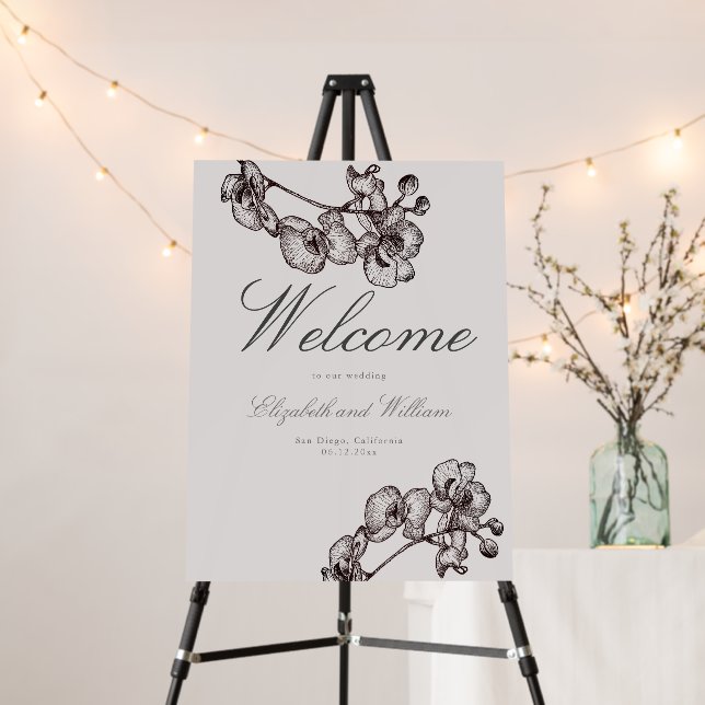 Orchid Sketch Modern Classic Trad. Wedding Welcome Foam Board (In Situ (Stand))