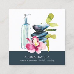 ORCHID STONE BAMBOO WATERCOLOR SPA MASSAGE THERAPY SQUARE BUSINESS CARD