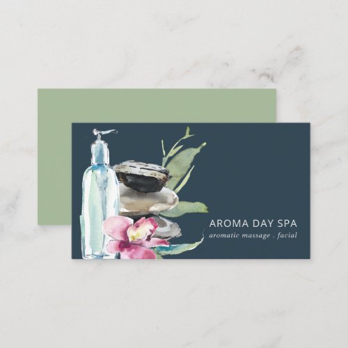 ORCHID STONE NAVY WATERCOLOR SPA MASSAGE THERAPY BUSINESS CARD