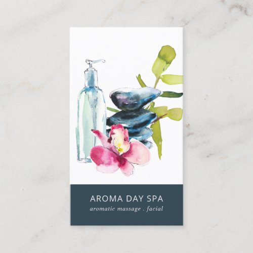 ORCHID STONE  NAVY WATERCOLOR SPA MASSAGE THERAPY BUSINESS CARD