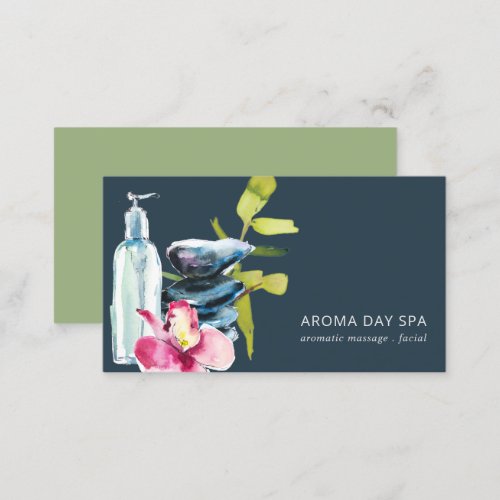 ORCHID STONE  NAVY WATERCOLOR SPA MASSAGE THERAPY BUSINESS CARD