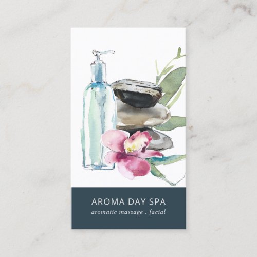 ORCHID STONE  NAVY WATERCOLOR SPA MASSAGE THERAPY BUSINESS CARD