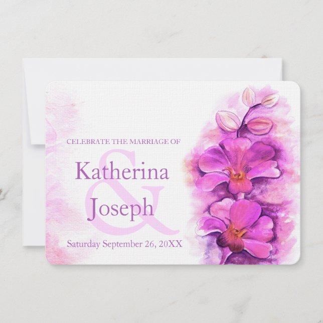 Orchid stylised watercolor purple wedding invite (Front)