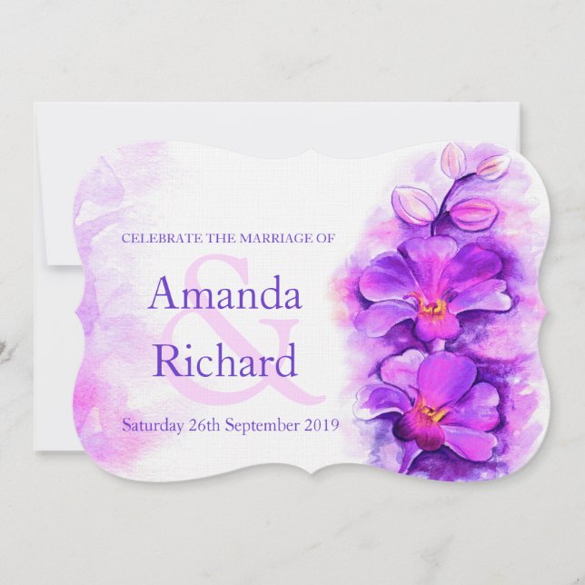 Orchid stylised watercolor purple wedding invite (Front)