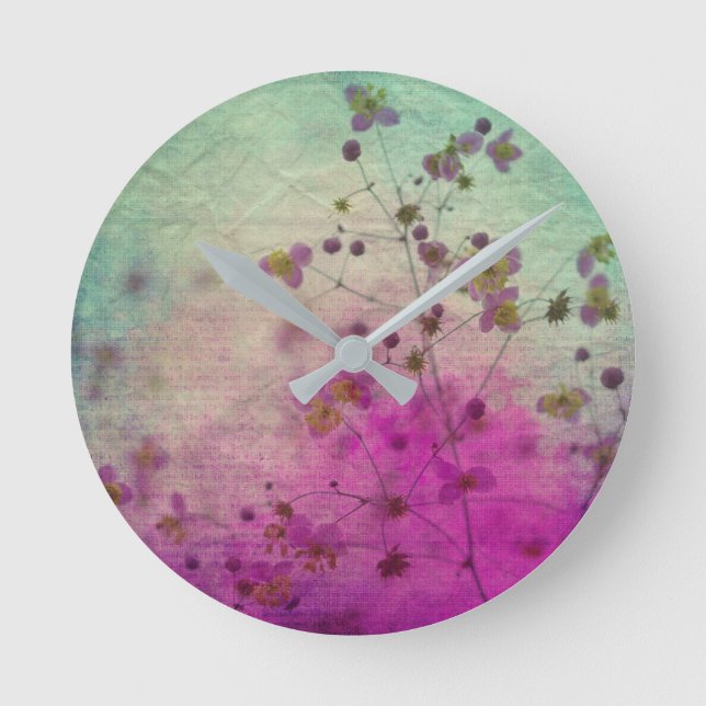 Orchid teal and purple floral round clock (Front)