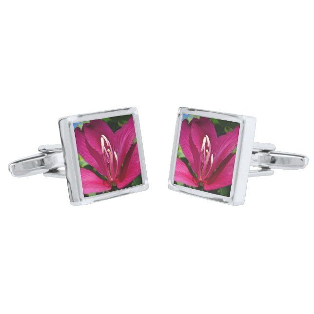 Orchid Tree Blossom Tropical Floral Silver Cufflinks (Angled)