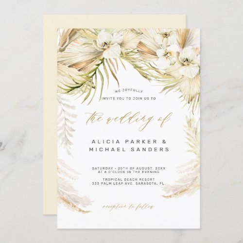 Orchid tropical bohemian gold pampas grass wedding invitation