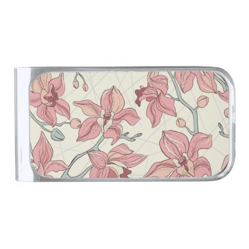 Orchid Vintage Pattern Elegant Paper Silver Finish Money Clip