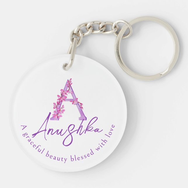 Orchid watercolor A monogram Anushka name meaning  Keychain (Back)