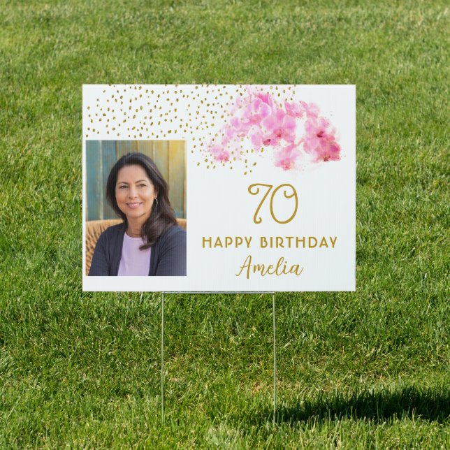 Orchid Watercolor Gold Glitter 70th Birthday Photo Sign (Insitu)
