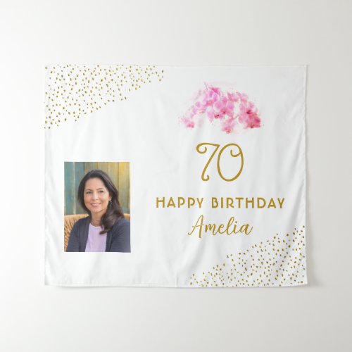 Orchid Watercolor Gold Glitter 70th Birthday Photo Tapestry