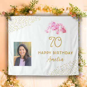 Orchid Watercolor Gold Glitter 70th Birthday Photo Tapestry