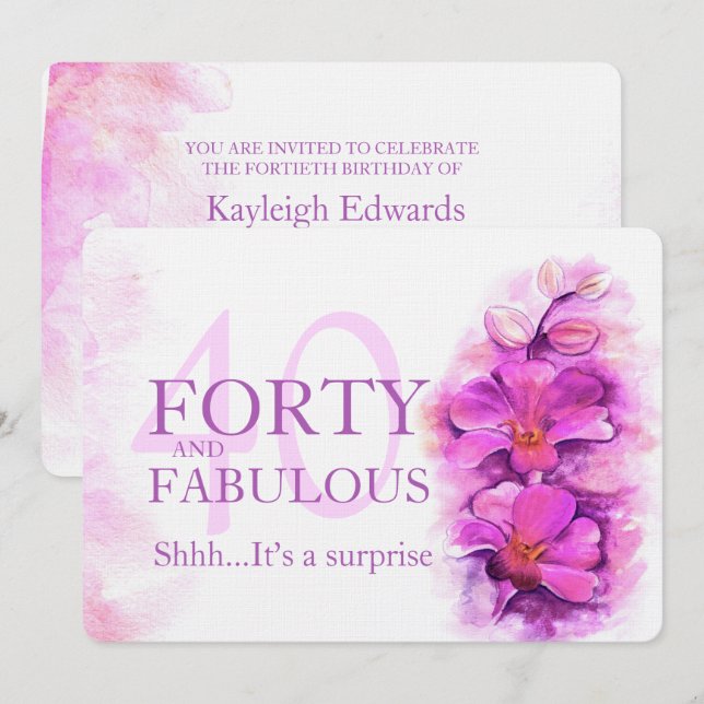 Orchid watercolor purple forty and fabulous invitation (Front/Back)