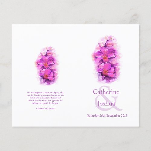 Orchid watercolor purple pink Wedding Programme