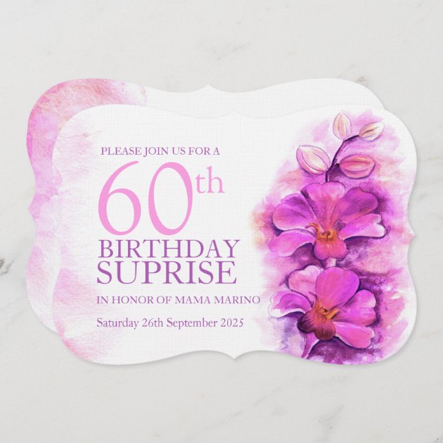 Orchid watercolor purple surprise 60th invite (Front/Back)