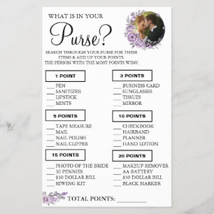 Orchid What is in your purse Shower game card Flyer