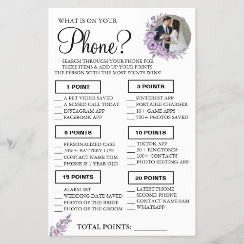 Orchid What is on your phone Shower game card Flyer