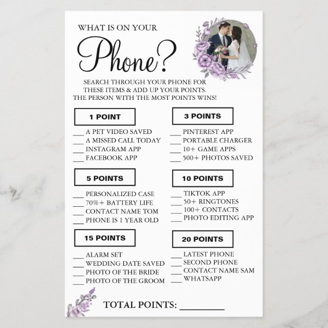 Orchid What is on your phone Shower game card Flyer (Front)