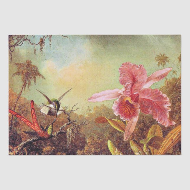 Orchid with Two Hummingbirds, fine art painting Tissue Paper (Front)