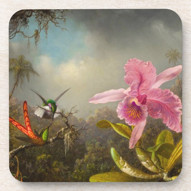 Orchid with Two Hummingbirds Heade Beverage Coaster (Front)