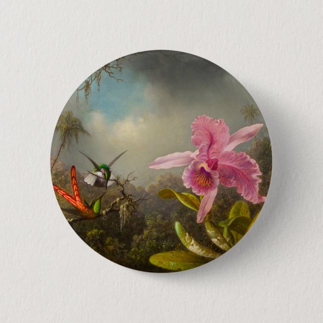 Orchid with Two Hummingbirds Heade Button (Front)