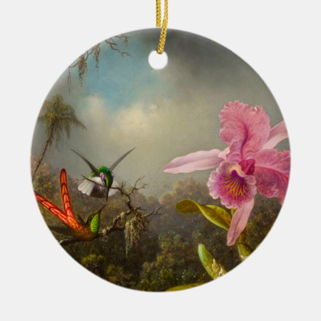 Orchid with Two Hummingbirds Heade Ceramic Ornament (Front)