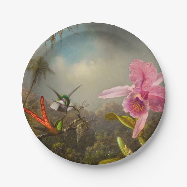 Orchid with Two Hummingbirds Heade Paper Plates (Front)