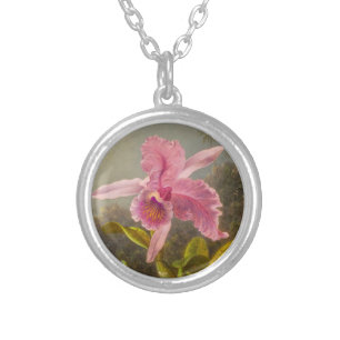 Orchid with Two Hummingbirds Heade Silver Plated Necklace