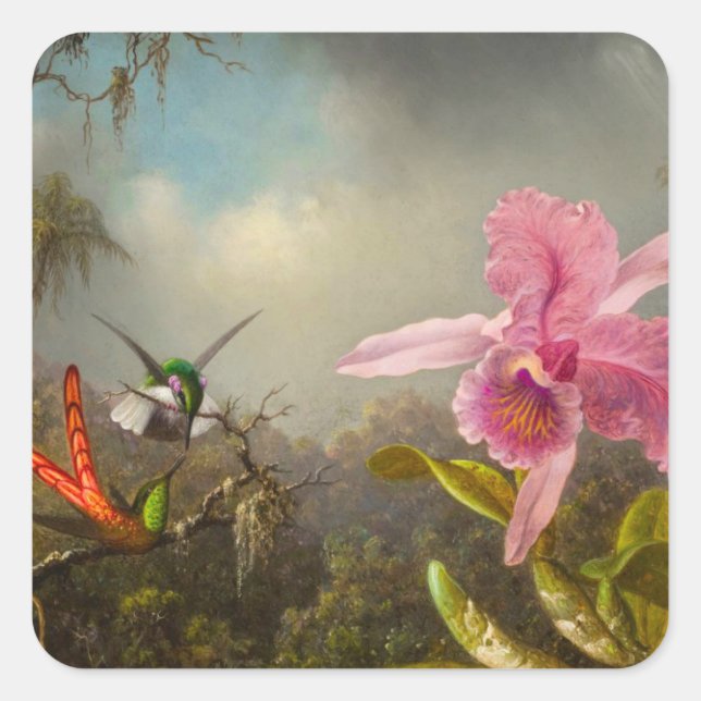 Orchid with Two Hummingbirds Heade Square Sticker (Front)